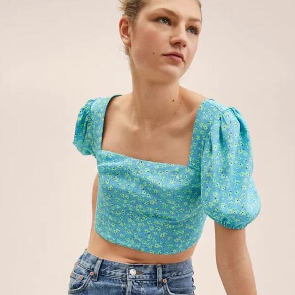 Mango Daisy Print Cropped Blouse Puff Sleeve - Picture 1 of 12